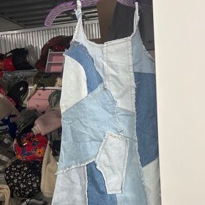 AKIRA Patchwork Denim Mini Dress - Blue and White